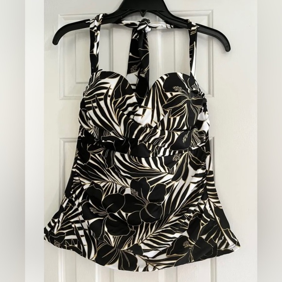 Miraclesuit Other - Miraclesuit Black Tan Tropical Floral Print bandeau halter Tankini SwimTop Sz 16